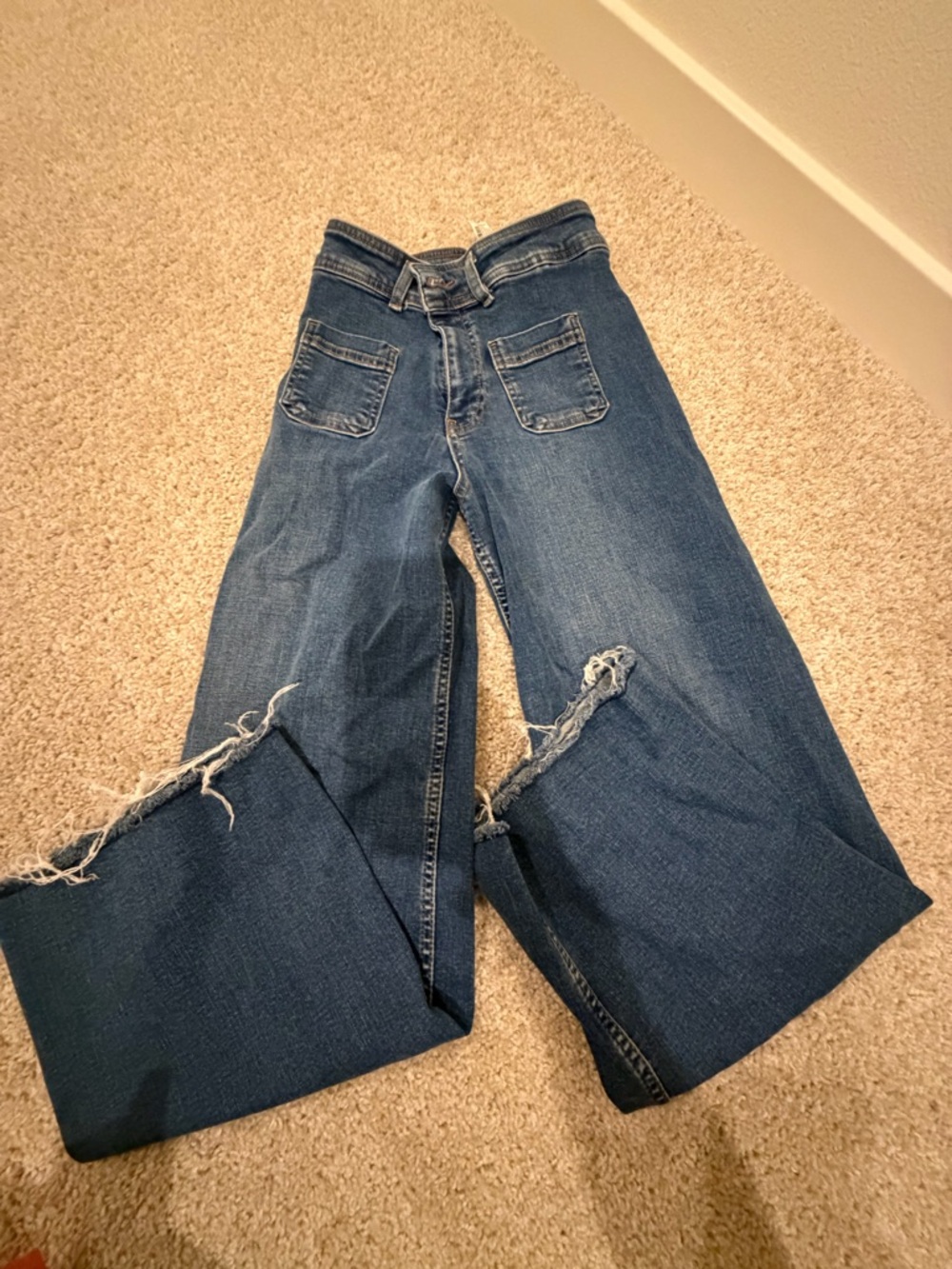 Zara Dark Blue Wide-Leg Distressed Hem Jeans